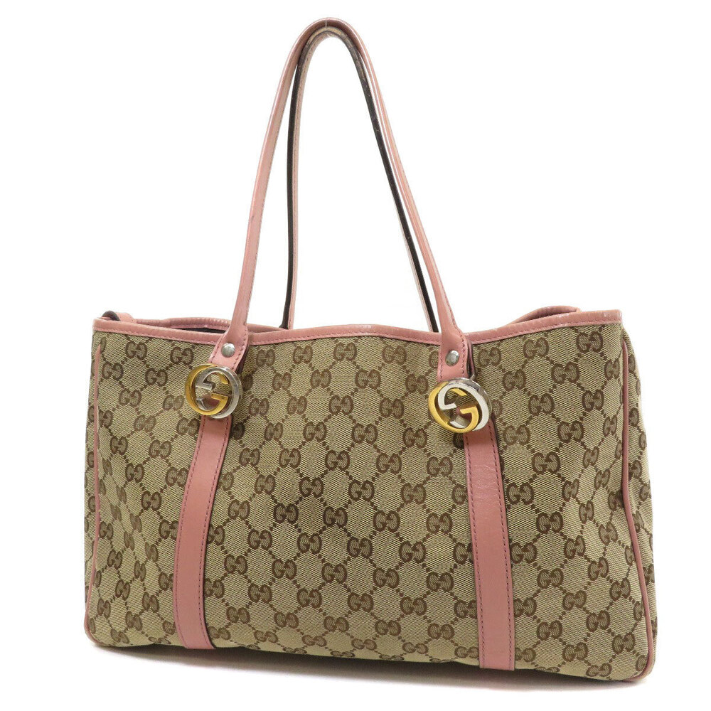 Gucci leather Twins Canvas Bag Tote GG pink canvas beige Pink Tan